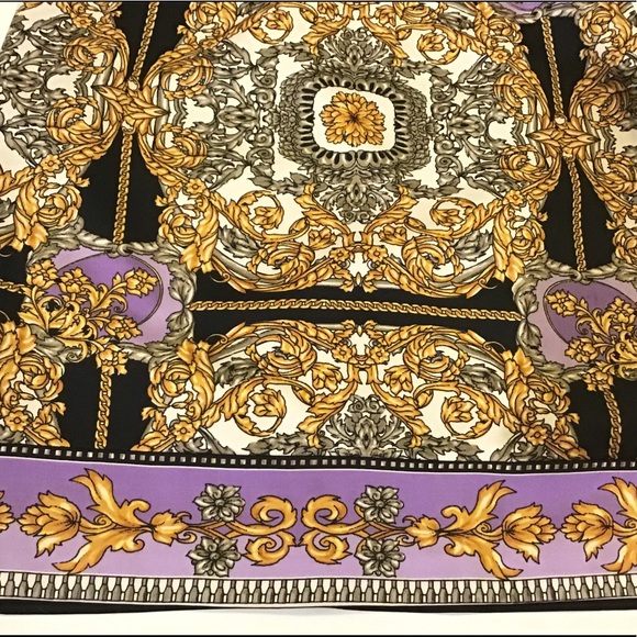 Laundry Versace style gold lavender with black chain print silky mini skirt sz 8 - Picture 2 of 10